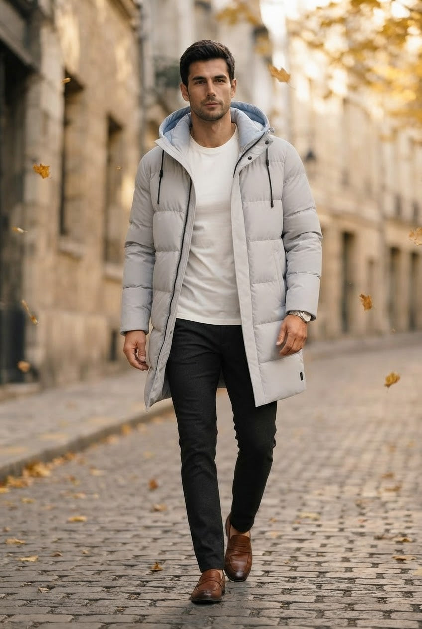 Men's Water-Resistant Longline Puffer Jacket with Hood