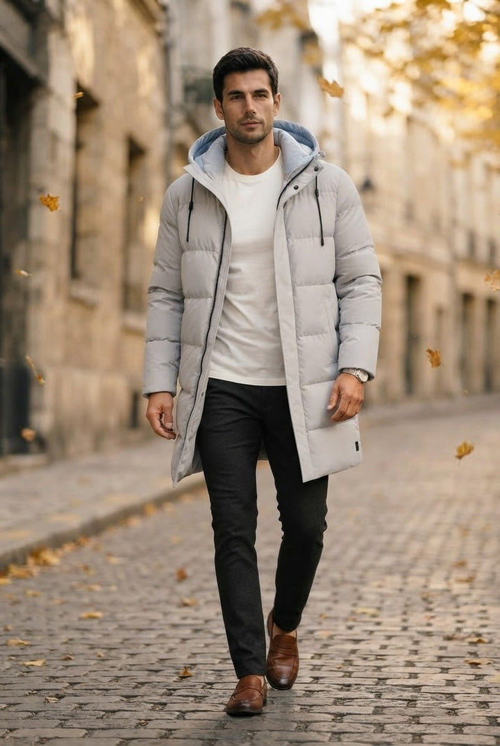 Men's Water-Resistant Longline Puffer Jacket with Hood