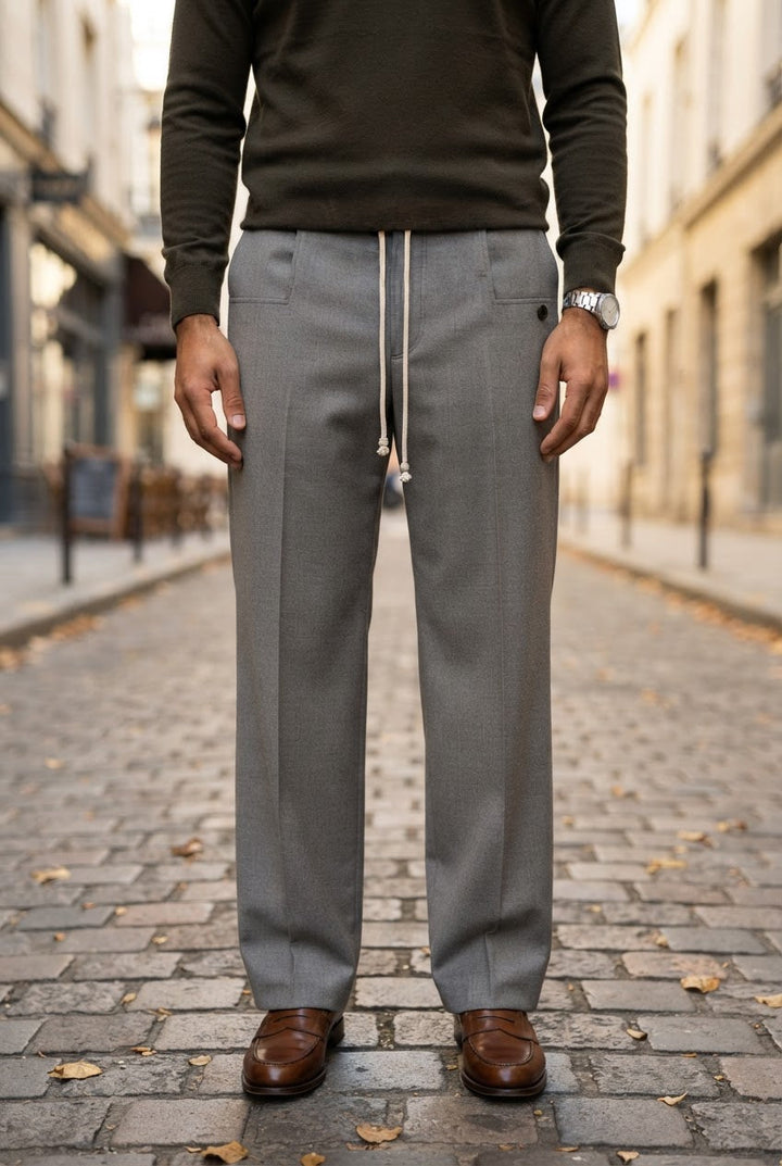 Men's Wide Leg Drawstring Trousers with Tapered Ankle