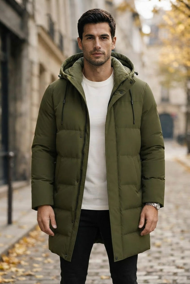 Men's Water-Resistant Longline Puffer Jacket with Hood