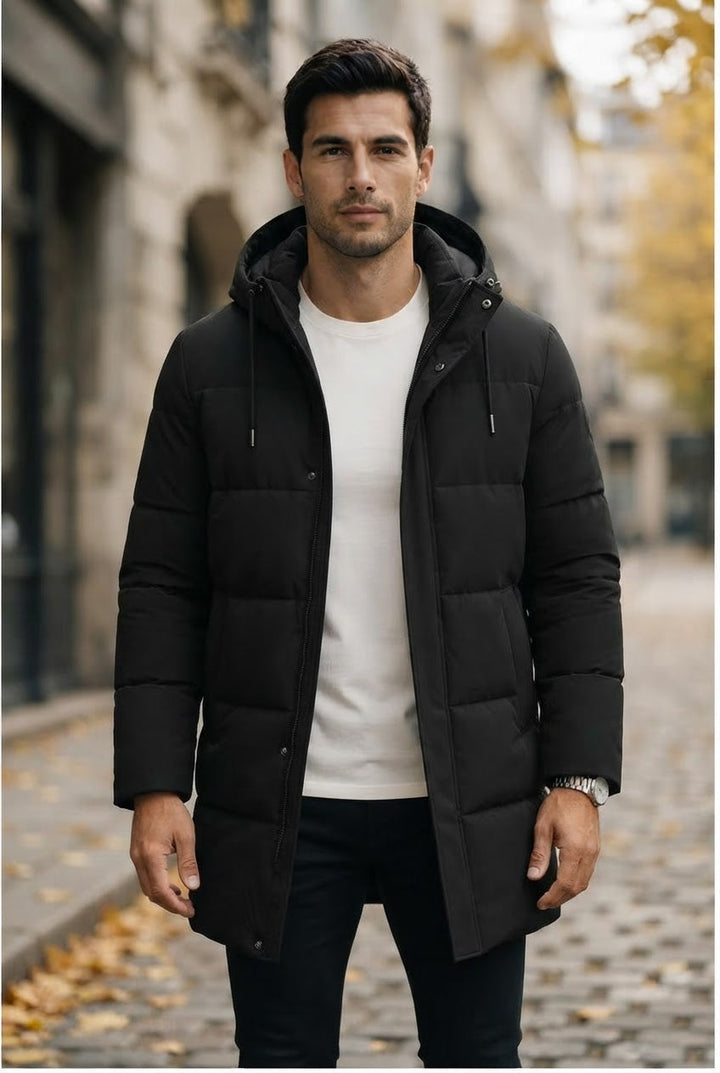 Men's Water-Resistant Longline Puffer Jacket with Hood