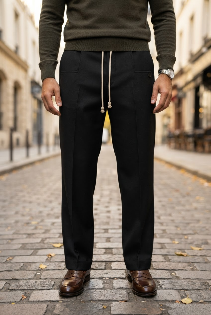 Men's Wide Leg Drawstring Trousers with Tapered Ankle