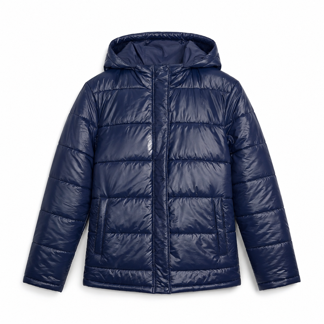 Women's Glossy Puffer Jacket with Hood in Oversized Fit