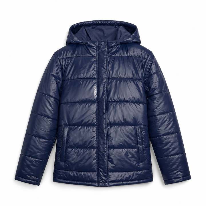 Women's Glossy Puffer Jacket with Hood in Oversized Fit