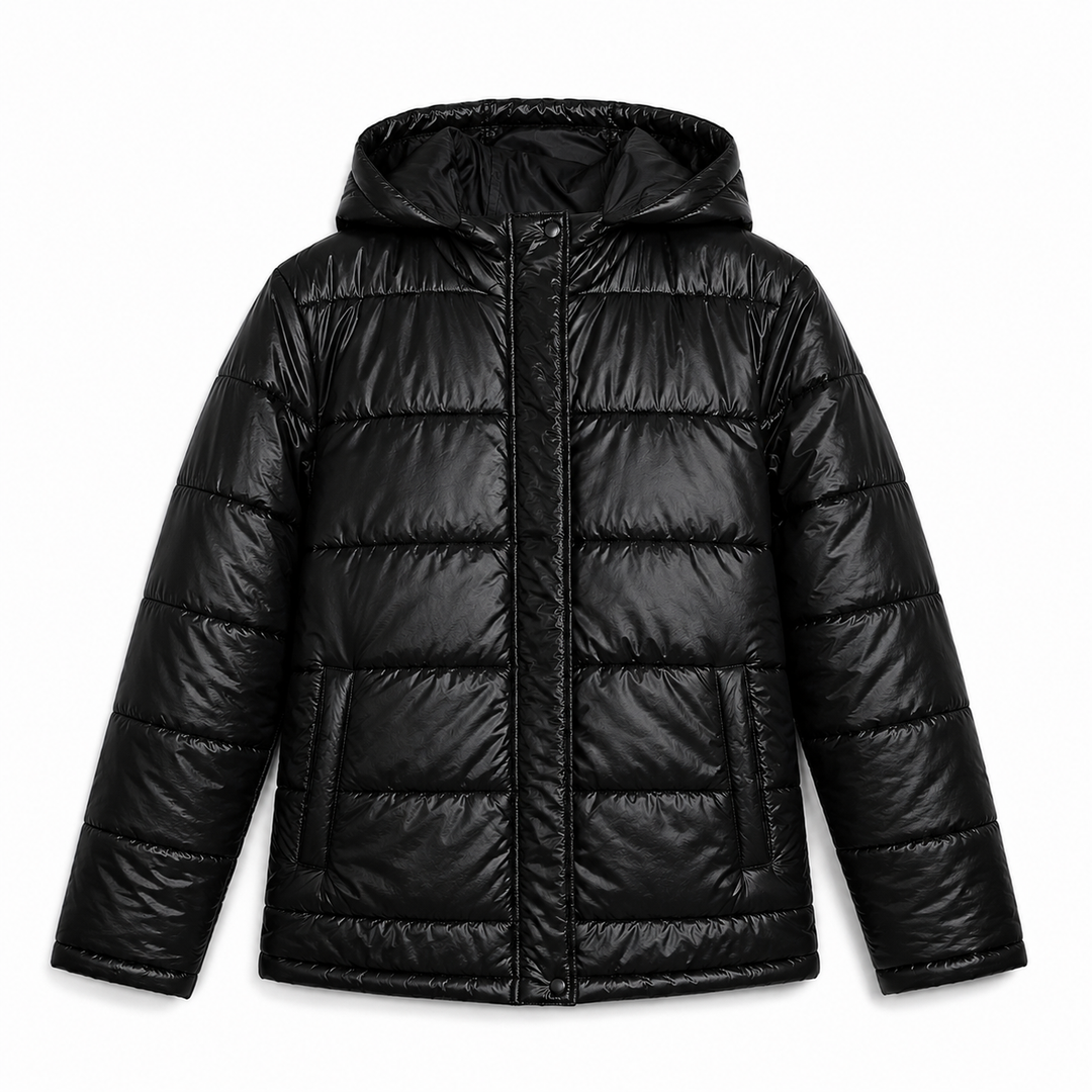 Women's Glossy Puffer Jacket with Hood in Oversized Fit