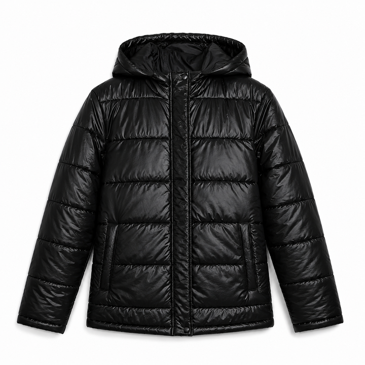 Women's Glossy Puffer Jacket with Hood in Oversized Fit