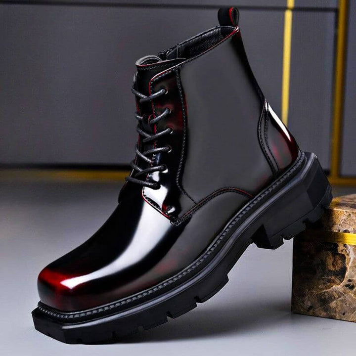 Men's Glossy Lace-Up Ankle Boots with Lug Sole