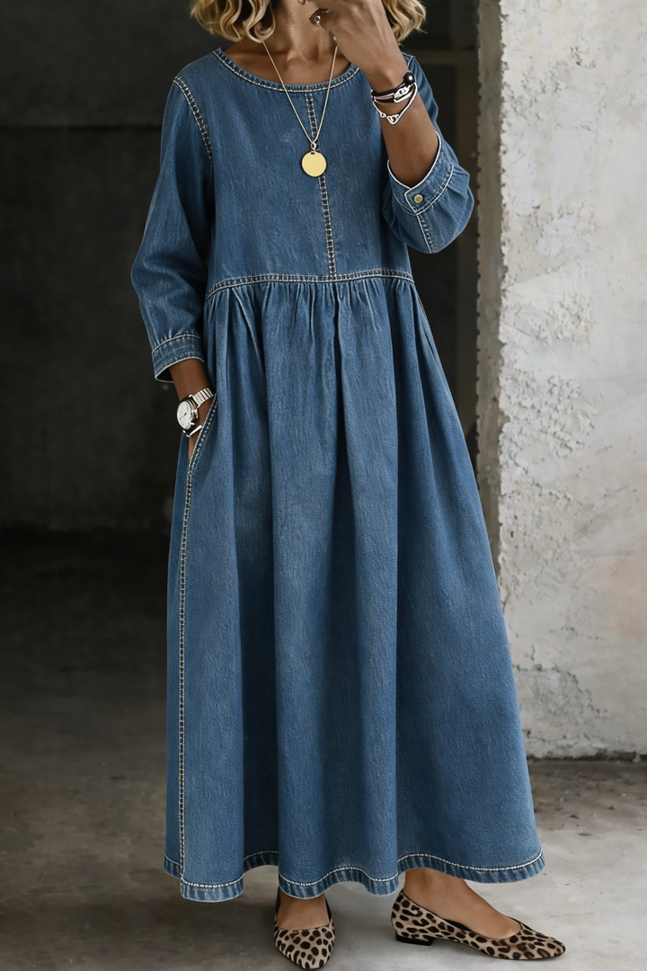 Women's Denim Maxi Dress with Long Sleeves and Side Pockets