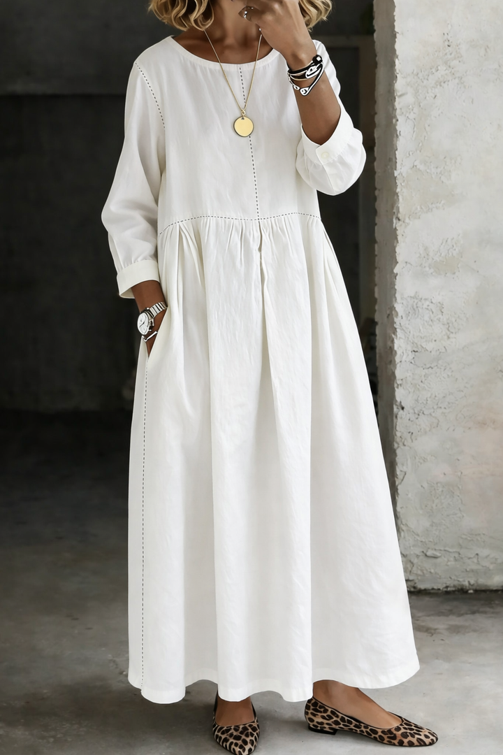 Women's Denim Maxi Dress with Long Sleeves and Side Pockets