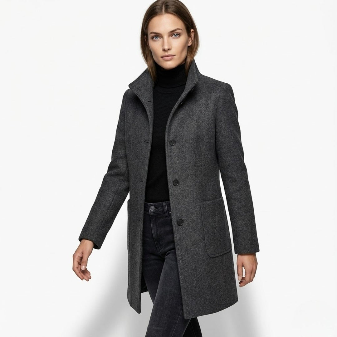 Women's Mid-Length Coat with Stand Collar and Patch Pockets