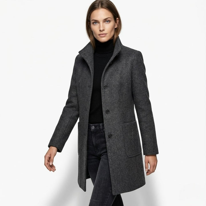 Women's Mid-Length Coat with Stand Collar and Patch Pockets