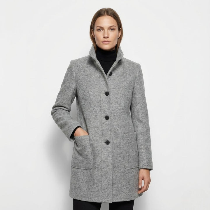 Women's Mid-Length Coat with Stand Collar and Patch Pockets