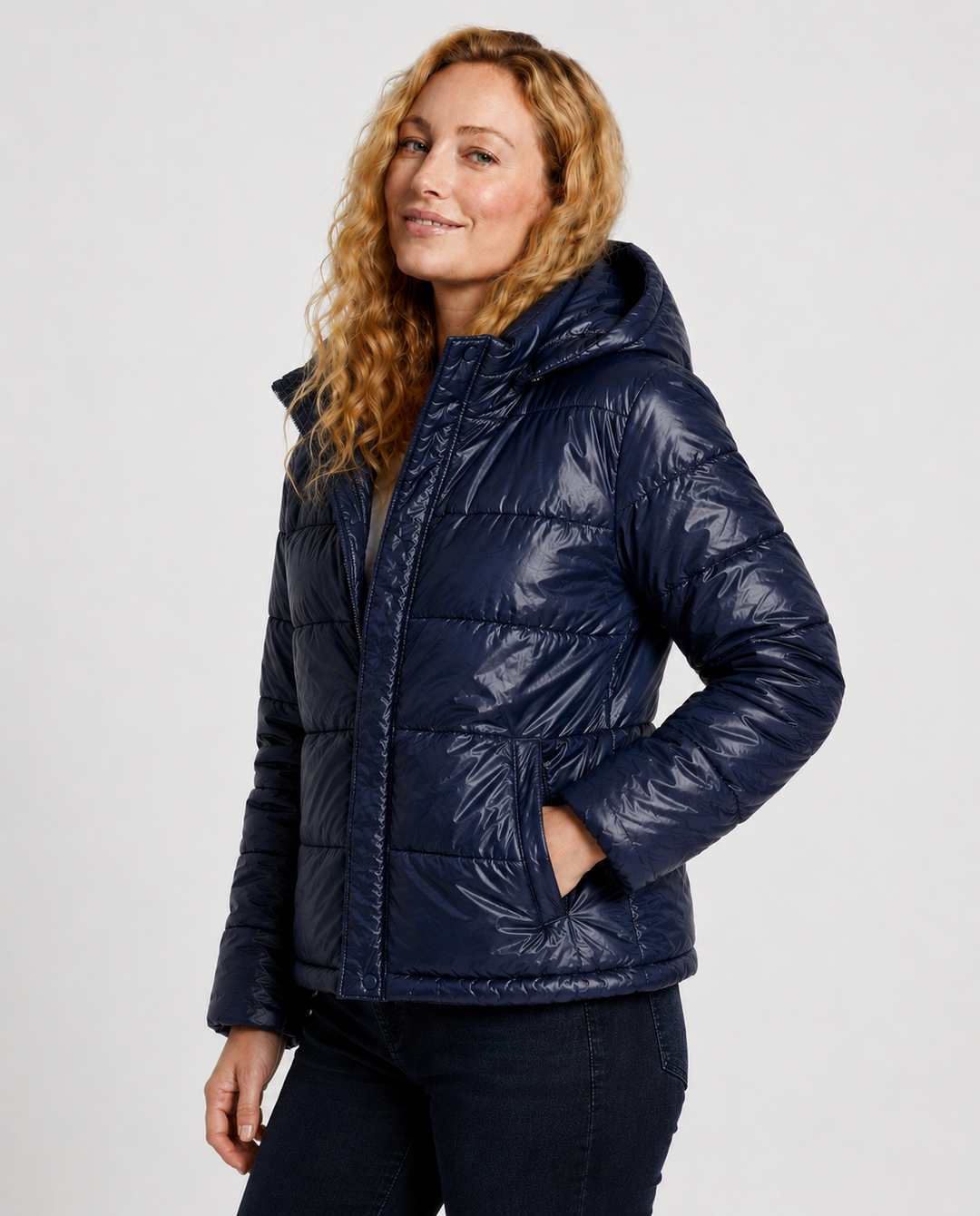 Women's Glossy Puffer Jacket with Hood in Oversized Fit