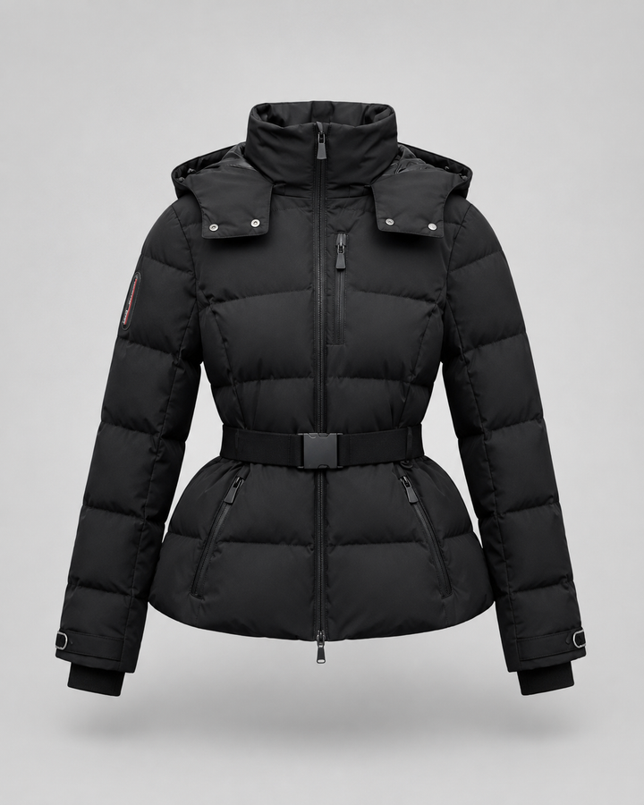 Women's Belted Puffer Jacket with Detachable Hood