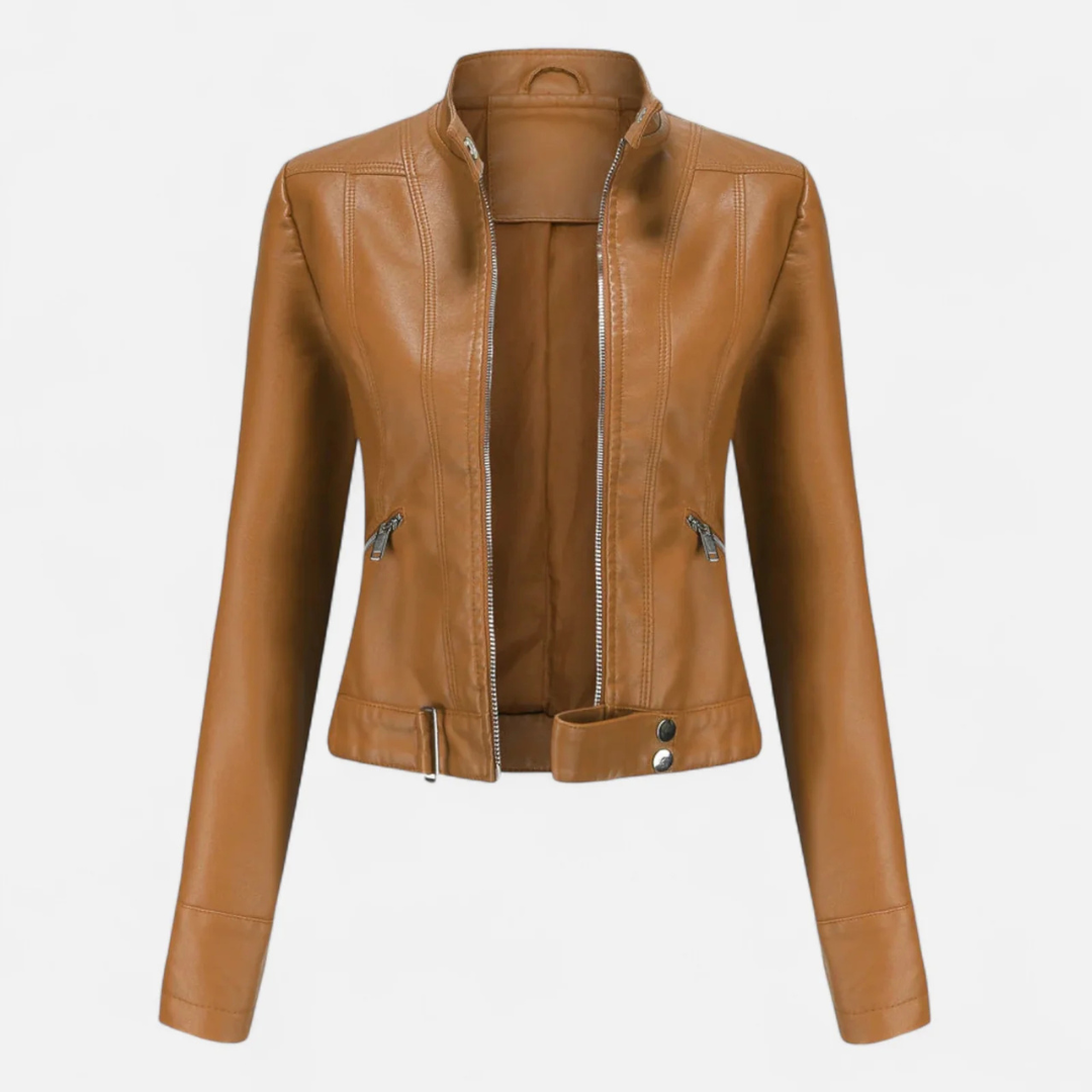 Women's Fitted Cropped Biker Jacket with Stand Collar