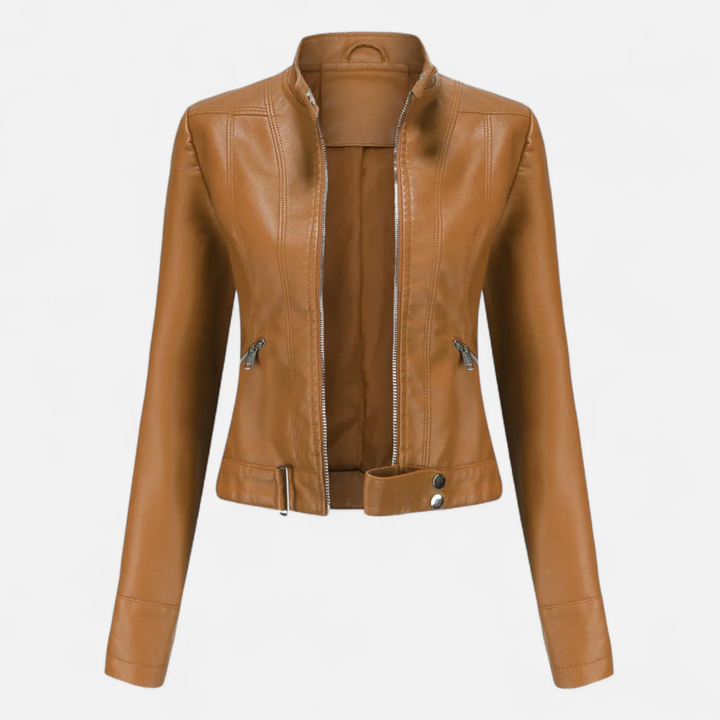 Women's Fitted Cropped Biker Jacket with Stand Collar