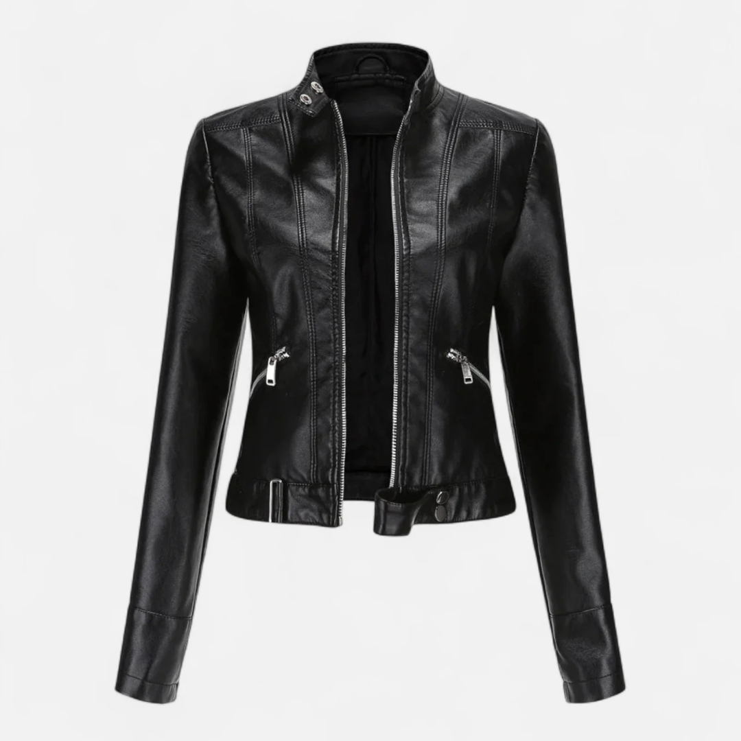 Women's Fitted Cropped Biker Jacket with Stand Collar