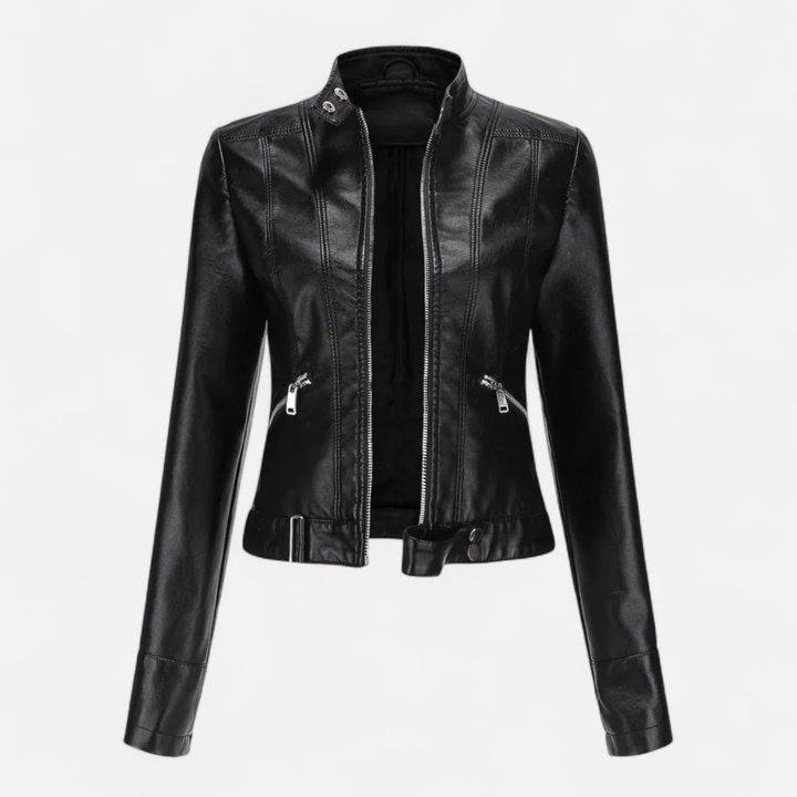 Women's Fitted Cropped Biker Jacket with Stand Collar