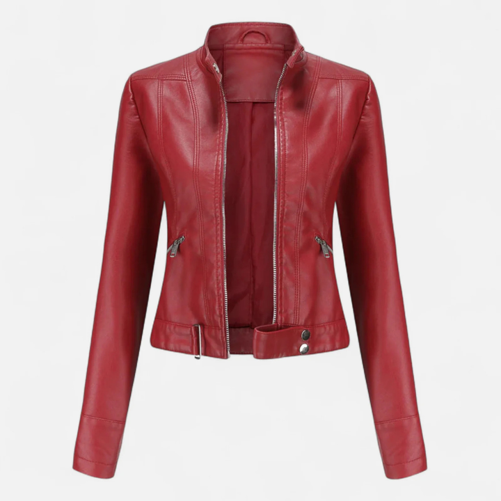 Women's Fitted Cropped Biker Jacket with Stand Collar
