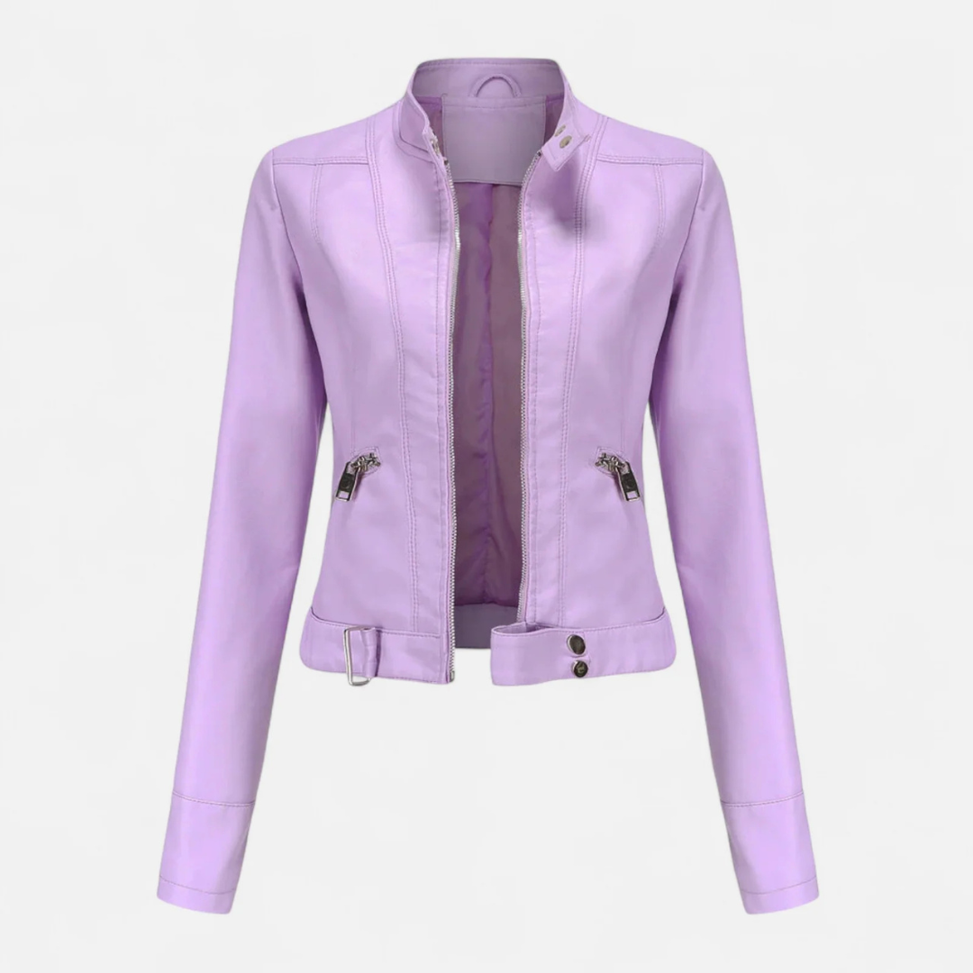 Women's Fitted Cropped Biker Jacket with Stand Collar