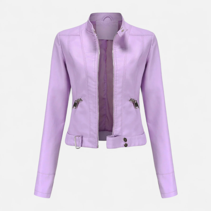 Women's Fitted Cropped Biker Jacket with Stand Collar