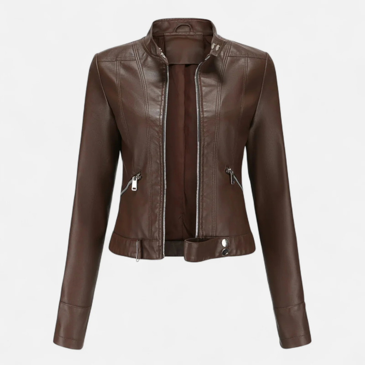 Women's Fitted Cropped Biker Jacket with Stand Collar
